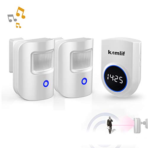 Driveway Alarm,Kamlif Wireless Home Security Driveway Alarm 1 Receiver and 2 PIR Motion Sensor,Patrol Infrared Alert System Kit Can Work on 5V Power Bank， Supply for Outdoor,Stay Safe