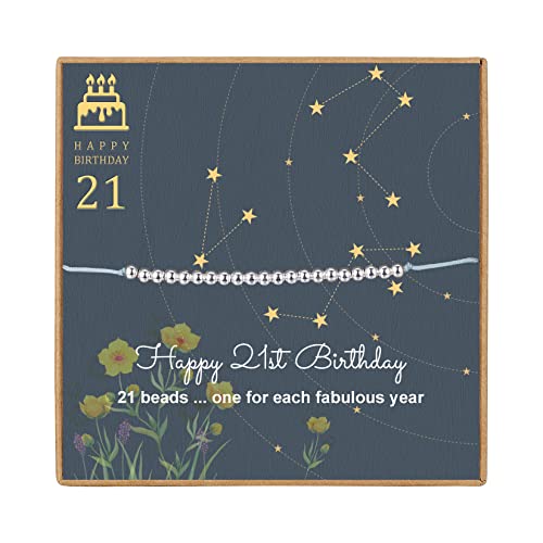 Happy 21st Gifts for Her - Sterling Silver Bead Bracelet for 21st Birthday Gift, Adjustable Jewelry 7" - 10" Cord