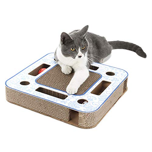 Cat Scratcher Cardboard with Balls - OBOR Deluxe Kitty Scratching Pad Lounge Cat Scratching Post with 2 Rolling Bell Balls Cat Toys (Square)