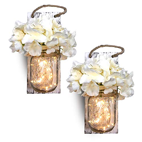 Book Cover Mason Jar Sconces Wall Decor, Home Wall Decor for Living Room, Country Kitchen Decorations, Bathroom Wall Decor, Rustic Wall Sconce with LED Strip Lights and Hydrangea Flowers (Set of 2) Vintage Decor