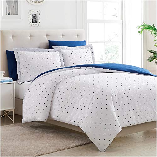 Book Cover Mellanni Duvet Cover King Set 5pcs - Soft Double Brushed Microfiber Bedding with 2 Shams and 2 Pillowcases - Button Closure and Corner Ties - Fade, Stain Resistant (King/Cal King, Polka Dot Navy)