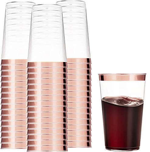Munfix 100 Rose Gold Plastic Cups 14 Oz Clear Plastic Cups Tumblers Rose Gold Rimmed Cups Fancy Disposable Wedding Cups Elegant Party Cups with Rose Gold Rim