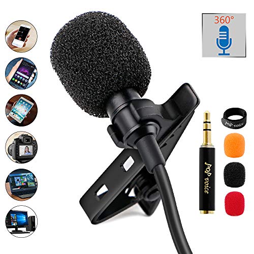 PoP Voice 12.8 Feet Lavalier Lapel Microphone Professional Grade Omnidirectional Mic Condenser Small Mini Perfect for Recording Podcast PC Laptop Android iPhone YouTube Interview ASMR External