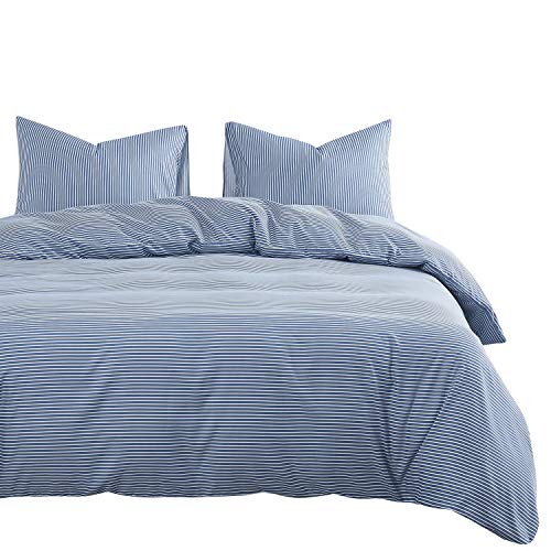 Wake In Cloud - Striped Comforter Set, White Stripes Ticking Pattern Printed on Navy Blue, Soft Microfiber Bedding (3pcs, Queen Size)