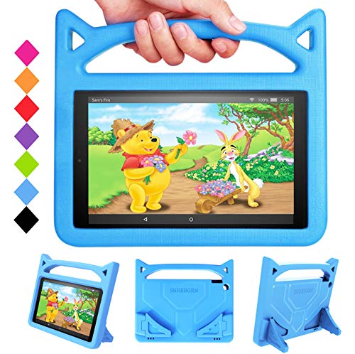 Kids Case for All-New Amazon Fire HD 10 Tablets(9th/7th Generation, 2019/2017 Release)-SHREBORN Light Weight Shock Proof with Handle Stand Kids Proof Cover Case for Kindle Fire HD 10.1" Tablets(Blue)