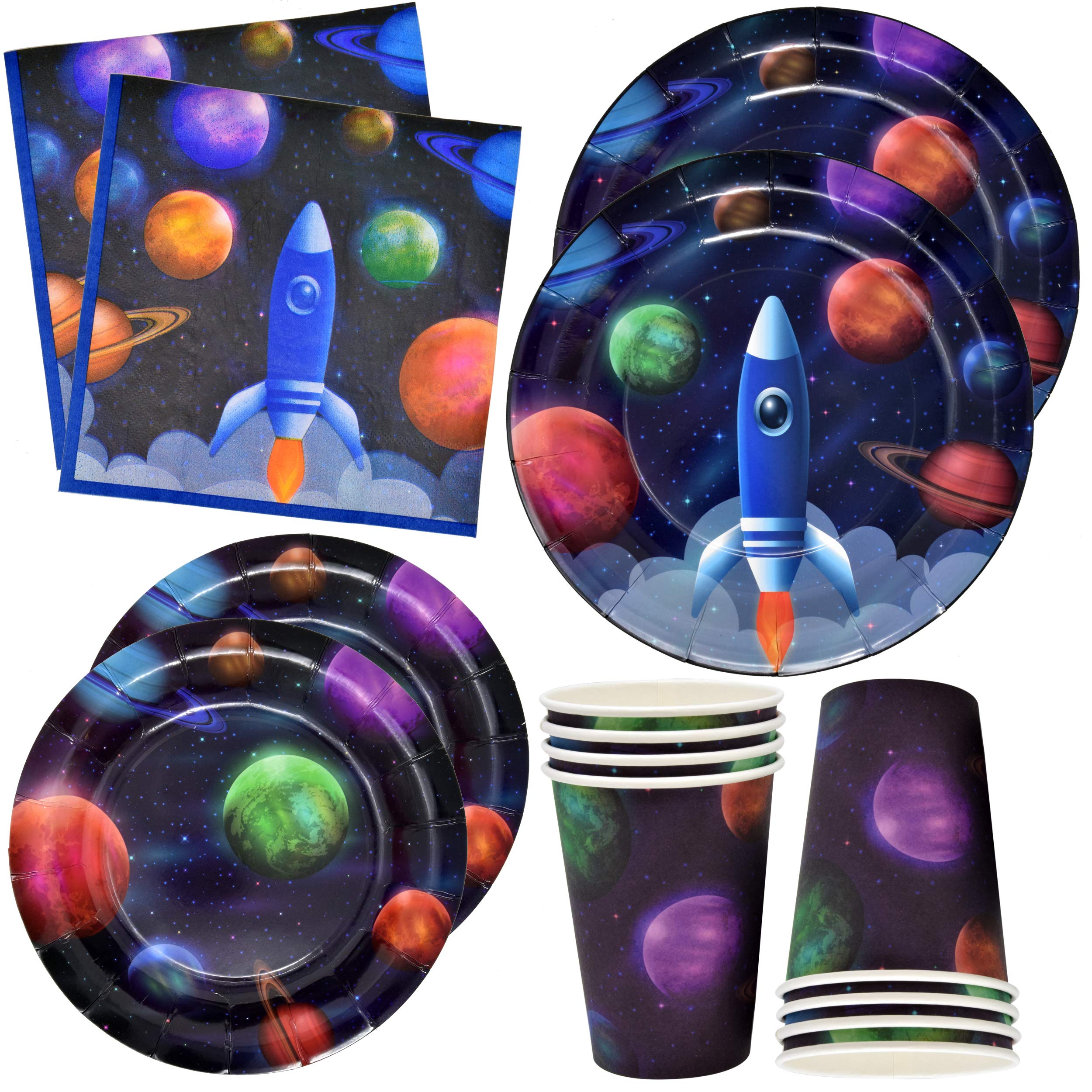 Outer Space Birthday Party Plates and Napkins 24 9" Plate 24 7" Plate 24 9 Oz Cup 50 Lunch Napkin Solar System Supplies Tableware Decorations for Kids Rocket Galaxy Planets Astronaut Theme Dinnerware