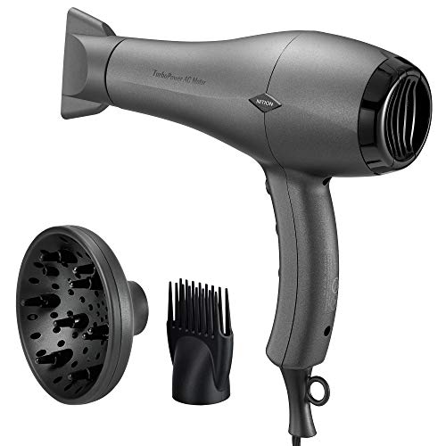 NITION Durable AC Motor Ceramic Salon Hair Dryer with Diffuser,Comb & Nozzle Attachments,1875 Watt Negative Ions Ionic Blow Dryer for Quick Drying,3 Heat & 2 Speed Settings,Cool Shot Button,Black