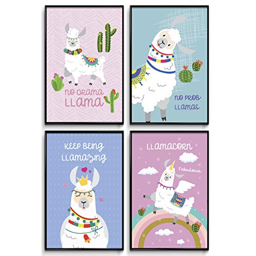 Llama Wall Decor, Girls Room Decor, Girl Wall Decor, Posters for Girls, Motivational Poster, Bedroom Decor, Wall Art Prints, Kids Room, Nursery Wall Decor, Gifts for Girls or Teens. Set of 4 11x17in.