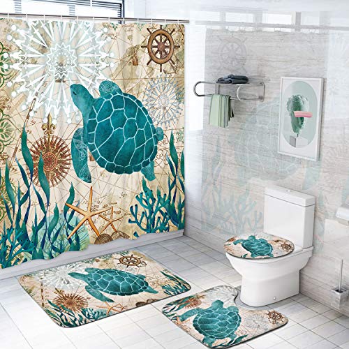 Sea Turtle Shower Curtain Sets with Non-Slip Rugs, Toilet Lid Cover and Bath Mat, Nautical Ocean Shower Curtains with 12 Hook s, Durable Waterproof Bath Curtain