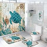 Sea Turtle Shower Curtain Sets with Non-Slip Rugs, Toilet Lid Cover and Mat, Nautical Ocean Durable Waterproof Bath Curtain with 12 Hook s