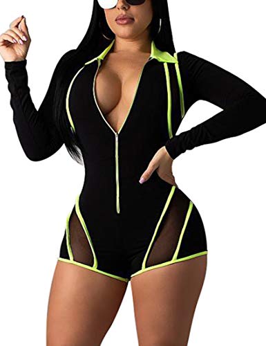 Mokoru Women's Sexy One Piece Club Outfits Front Zipper Bodycon Romper Shorts Jumpsuit Pants