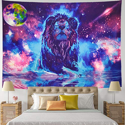 Book Cover Starry Fantasy Lion Tapestry Moon Lion Wall Tapestry Psychedelic Constellation Wall Hanging Indian Hippie Colorful Leo Universe Galaxy Tapestry