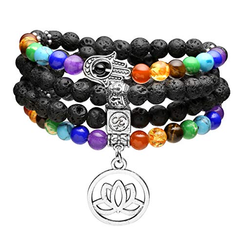 Top Plaza 108 Mala Prayer Beads Natural Lava Rock Stone Essential Oil Diffuser Bracelet Necklace 7 Chakra Healing Crystals Yoga Meditation Stretch Bracelets