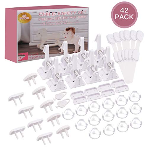 Baby Proofing,42 Pcs Baby Locks Cabinet Locks Child Safety -8 Cabinet Locks,16 Clear Corner Protectors,10 Outlet Socket Covers,6 Pulling Strip Lock, No Drill Required Baby Proof Set