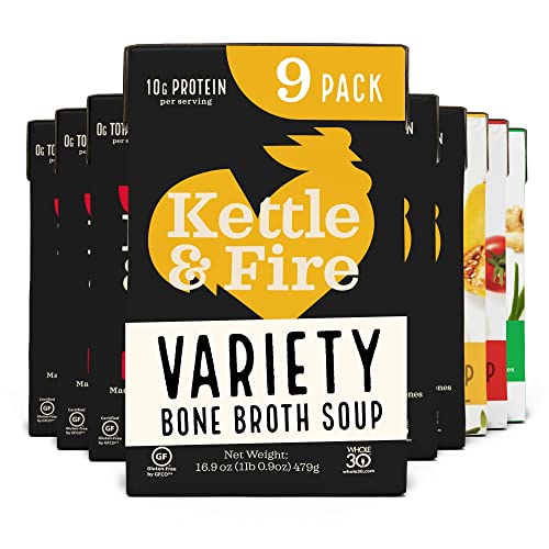Kettle and Fire Chicken, Beef, Tomato, Miso, and Butternut Squash Bone Broth Soup Variety Pack, Gluten Free, High in Protein and Collagen, 9 Pack