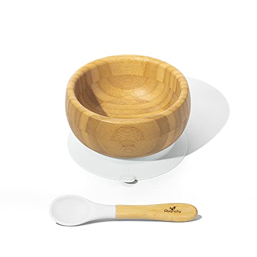 Avanchy Baby Toddler Infant Feeding Bowls. Stay Put Natural Bamboo Suction Bowl + Soft Tip Silicone Spoon Set. BPA Free. Great Kids Food Gift Pack (White)
