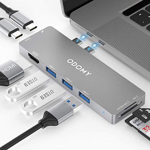 ODOMY USB C Hub 8 in 1 for MacBook Pro 2019 2018 2017 2016 13"15" Dual Type C Hub Adapter with Thunderbolt 3, 100W Power Delivery, 4K HDMI, 3xUSB 3.0 Ports, SD&TF Card Reader
