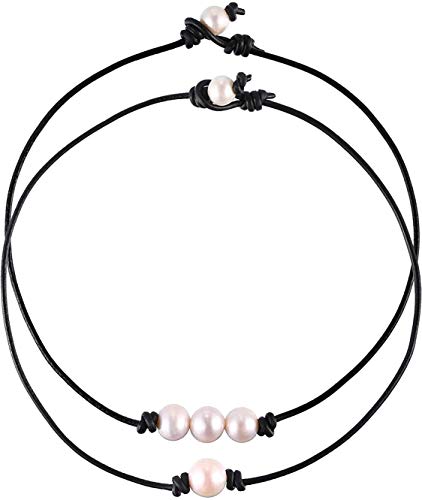 MauSong 2 Pieces Single Freshwater Pearl Necklace and 3 Freshwater Pearl Beads Choker on Black Leather Cord for Girls Women