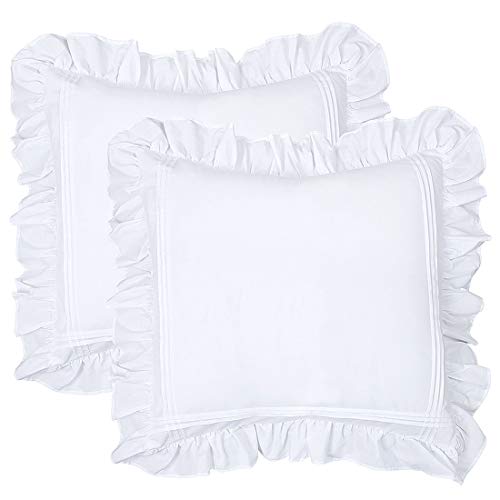 Euro Sham Covers Ruffle White Farmhouse European Sham Large Pillow Covers 26x26 Set of 2 Shabby Chic Rustic Pretty Vintage Lace Bright Bed Euro Pillowcases Cute Cotton Plain