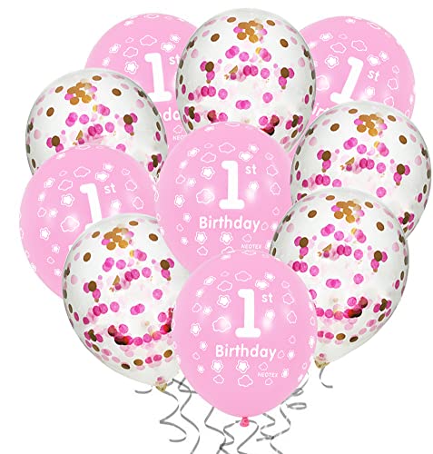 1st Girl Happy Birthday Balloons First Pink Birthday Party Decorations 12 Inch Confetti and Latex Balloons for Baby Shower Girl Party Decorations Supplies (Pack of 20)