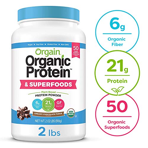 Orgain Organic Plant Based Protein + Superfoods Powder, Creamy Chocolate Fudge - Vegan, Non Dairy, Lactose Free, No Sugar Added, Gluten Free, Soy Free, Non-GMO, 2.02 lb