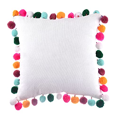 NSSONBEN Pom Pom Pillow Cover 16x16 Inches White Decorative Throw Pillowcase with Colorful Pom Poms for Couch Sofa Bedroom (1pcs)