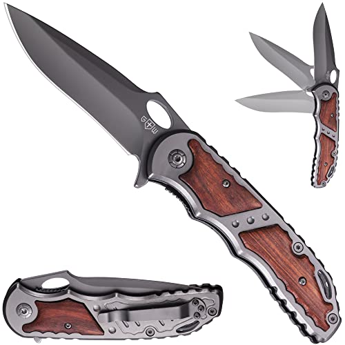 Pocket Knife - Spring Assisted Knife - Tactical Survival Folding Knives - Best EDC Camping Hiking Hunting Boy Scout Knofe Gear Accessories for Men Wood Handle Sharp Blade Knifes - Gift for Men 97010