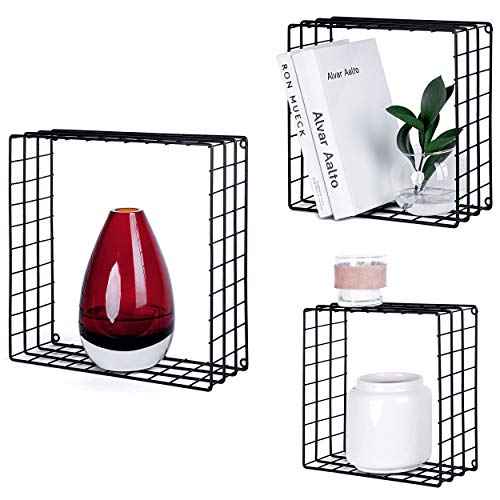 Kenley Metal Wire Floating Shelves – Set of 3 Wall Mounted Cube Shelving – Black Rustic Metal Square Shelves