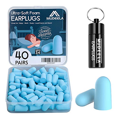 Foam Ear Plugs for Sleeping, 40 Pairs Noise Cancelling Ear Plugs with Aluminum Carry Case, 34db NRR Soft Sleep Earplugs for Noise Reduction, Sound Blocking, Traveling, Flying, Working, Studying(Blue)