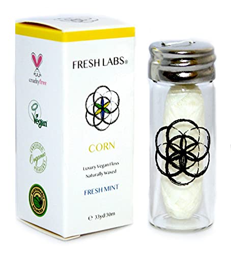 Luxury Vegan Dental Corn Floss with Refillable Glass Container | Natural Candelilla Wax | in Corn Starch Bag | Biodegradable Made with Natural Corn, Ginger and Peppermint | 1x33yards | Zero Waste
