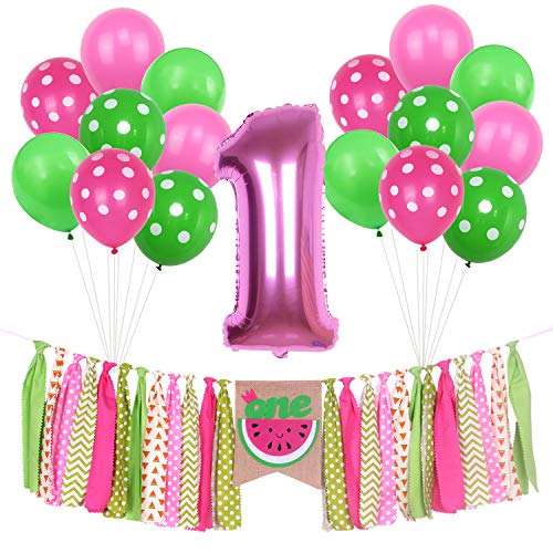 ONINIT Watermelon Banner Kits for Baby Girls 1st Birthday Party Decorations, Summer Picnic First Birthday Photo Shoot Banners, High Chair Banner Foil Balloon and Latex Balloons Set