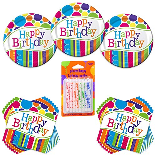 Bright & Bold Happy Birthday Party Bundle - 24 Guest - Dinner Plates, Lunch Napkin & Printed Candles
