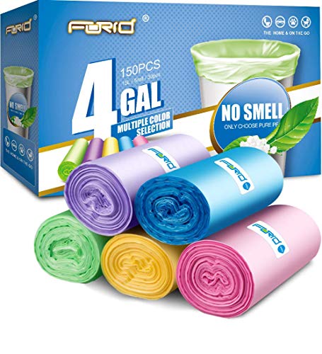 FORID Small Garbage Bags 4 Gallon Trash Bags Wastebasket Bin Liners Colored Plastic Trash Bags for Bathroom Bedroom Office Trash Can (150 Counts 5 Color)