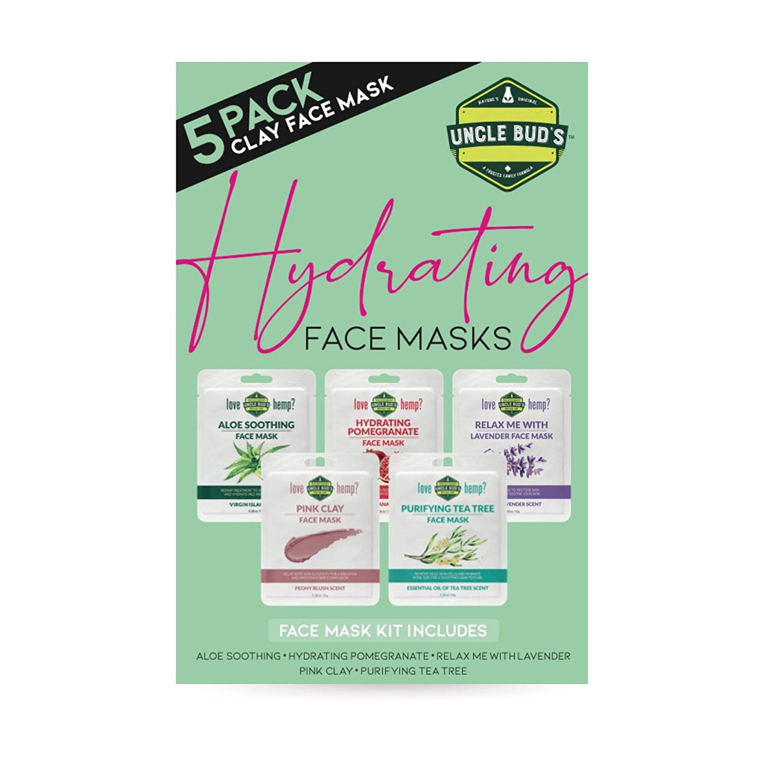 Uncle Bud’s Hemp 5-pack Hydrating Face Mask Kit contains 1 of each Hemp Aloe Soothing 1 Hemp Hydrating Pomegranate 1 Hemp Relax Me with Lavender, 1 Hemp Pink Clay, 1 Hemp Purifying Tea Tree 5-pack Hydrating Kit