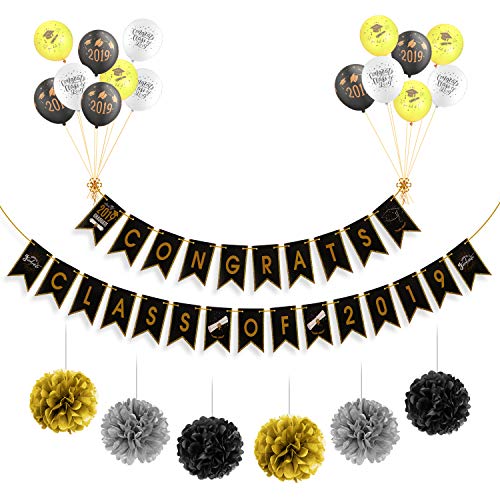 2019 Graduation Decorations, KissDate Assembled Happy Graduation Banner, Balloon & Paper Pompoms, Black and Gold Graduation Party Supplies for High School Grad, Prom, College Grad