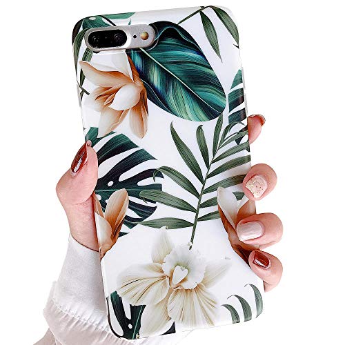 Book Cover iPhone 8 Plus Case, 7 Plus Case for Girls, ooooops Green Leaves with White&Brown Flowers Pattern Design,Slim Fit Clear Bumper Soft TPU Full-Body Protective Cover for iPhone 7Plus 8Plus(Leaves&Flowers)