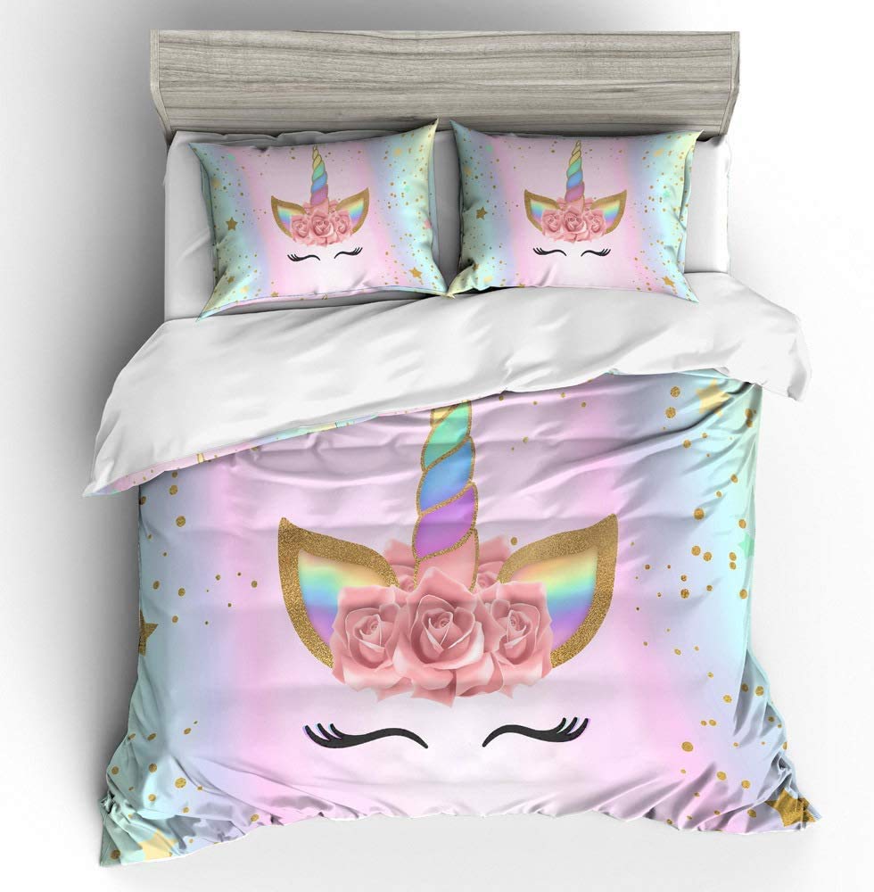 S-ANT Girls Unicorn Duvet Cover Set Pink Bedding Duvet Cover Set Twin Girls Printed Modern Lightweight Kids Bedding Set for Teens (NO Comforter Included)