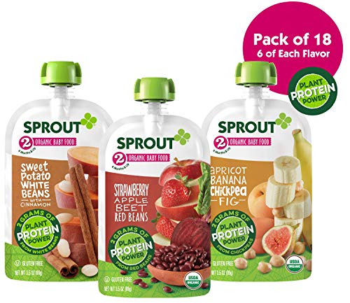 Sprout Organic Baby Food Stage 2 Plant Protein Variety Pack, Strawberry Apple Beet Red Beans, Apricot Banana Chickpea Fig, 18Count