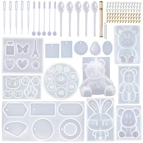 EuTengHao 132Pcs Animal Silicone Molds DIY Resin Casting Molds Kit Contains 4 Bears Resin Molds 3D Bear Rabbit Cat Paw Mold Necklace Pendant Molds Time Gem Eiffel Tower Jewelry Crystal Resin Mold