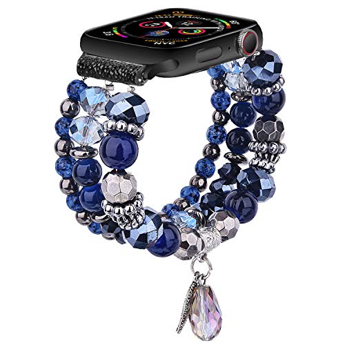 V-MORO Bracelet Compatible with 44mm Series 4 Apple Watch Bands 42mm Women Fashion Handmade Elastic Stretch Beads with Black Stainless Steel Adapters Strap for iWatch Series 4/3/2/1 42mm/44mm Navy