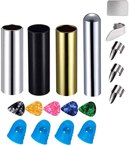 Guitar Slide Kit Included 3Pcs Metal Guitar Slides(Gold Black Silver) and 1Pcs Chrome Stainless Steel Bar Guitar Lap Slide with 4 Stainless Steel Thumb & Finger Picks in Metal Box