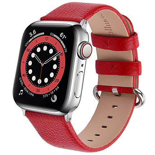 Book Cover Fullmosa Compatible with Apple Watch Band 45mm 44mm 42mm 41mm 40mm 38mm Stainless Steel Buckle, Leather Watch Strap for iWatch Series 7/6/SE/5/4/3/2/1 for Men Women, Red