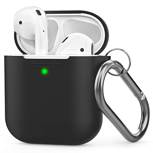 AhaStyle AirPods Case Cover Premium Silicone Protective Case Skin Compatible with AirPods 2 & 1 (with Carabiner, Black)