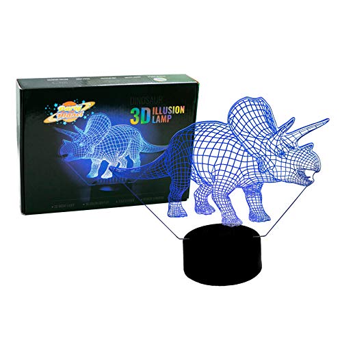 Book Cover PartyPlanet Dinosaur Night Light, 3D Illusion Lamp, Dinosaur Gifts with 16 Unique Colors and Remote Control, Dinosaur Triceratops, Night Light for Kids, Birthday Gifts for Boys Girls Kids Baby