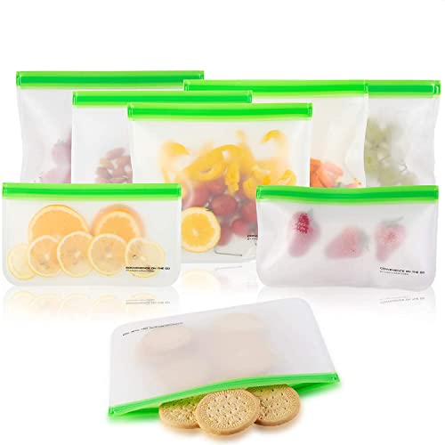 Extra Thick Reusable Storage Bags (8 Pack) Silicone and Plastic Free Ziplock for Food, Lunch Sandwich, Small Kids Snack Size, Travel Baggies and More | Bag with Zipper and Seal Lock Top Freezer Safe