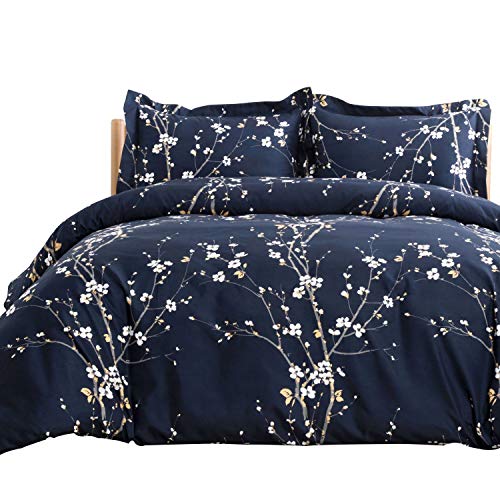 Book Cover Bedsure Spring Bloom Pattern Bedding Set Full/Queen (90x90 inches) Duvet Cover Set Navy Printed Modern Comforter Cover-3 Pieces-Ultra Soft Hypoallergenic Microfiber