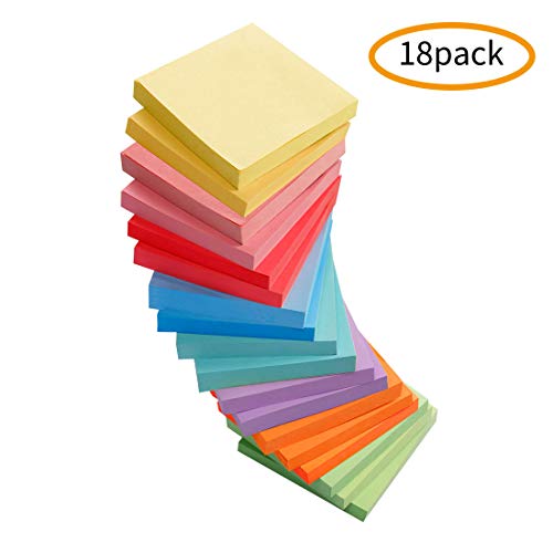 18 Pack Sticky Notes, 3x3 Inch 8 Bright Colors Self-Stick Note, 100 Sheets Per Pad, 1800 Sheets Total Restick Notes, Easy to Post for Home, Office, School