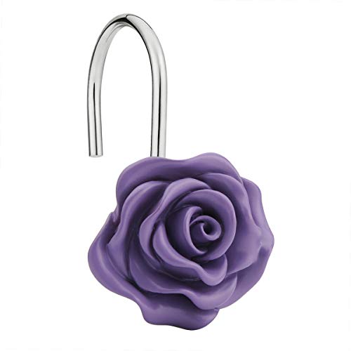 Book Cover Amazer Shower Curtain Hooks Rings, Metal Decorative Resin Hooks Shower Curtain Rings for Bathroom Shower Rods Curtain and Liner, Purple Rose, 12 PCS