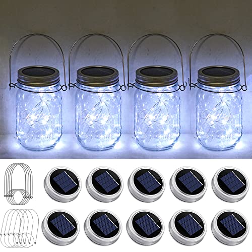 Solar Mason Jar Light Lids 10 Pack 20 LED Fairy String Light Inserts for Jars with Hangers Starry Lighting Waterproof Rust Resist for Patio Lawn Garden Wedding Lantern Decor No Jars (Cool White)