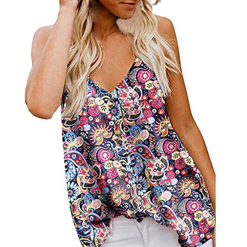 Amlaiworld Womens Plus Size Tank Tops Camisole Top Sleeveless V Neck Button Floral Print Tee Top Loose Casual Shirts Blouse